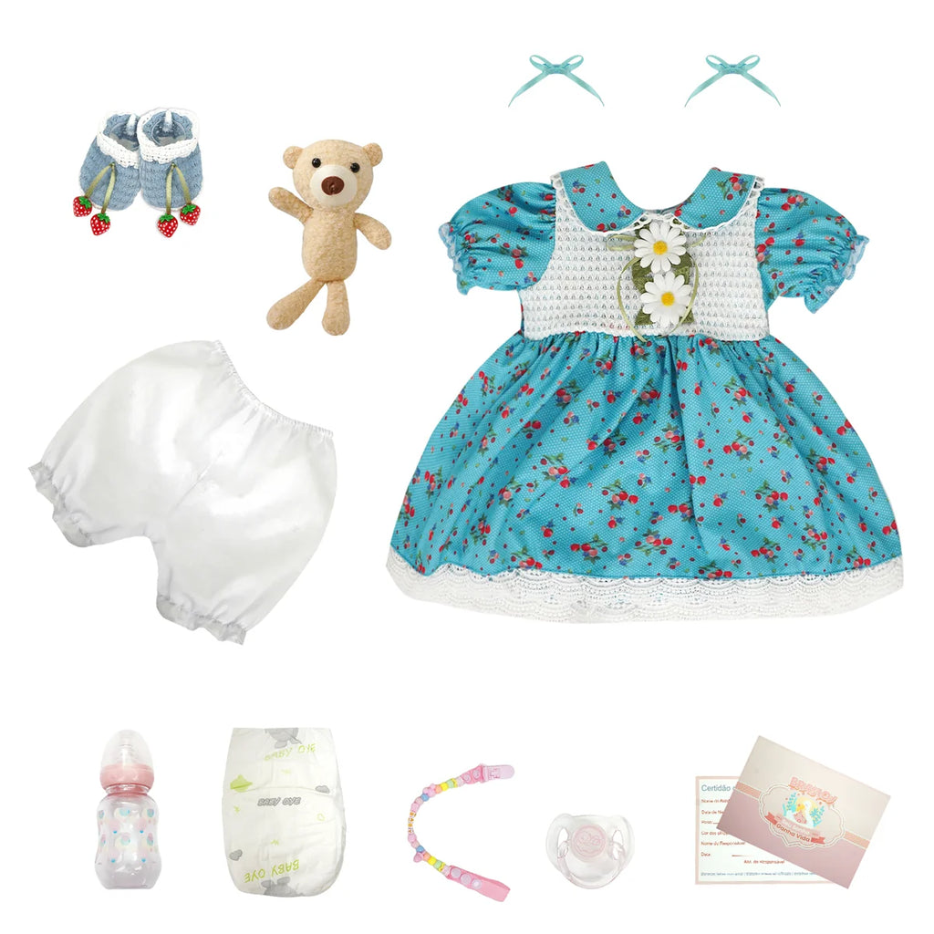 Boneca Bebê Reborn Silicone Realista Loira 55cm Sorriso Original Kit Acessórios Conjunto de Roupa Mamadeira Chupeta Pelúcia Fralda