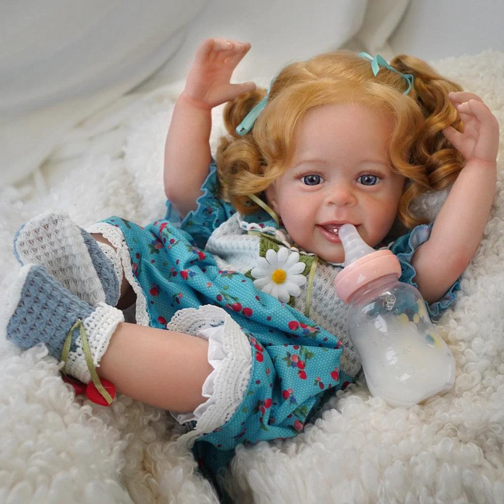 Boneca Bebê Reborn Silicone Realista Loira 55cm Sorriso Original Kit Acessórios Conjunto de Roupa Mamadeira Chupeta Pelúcia Fralda