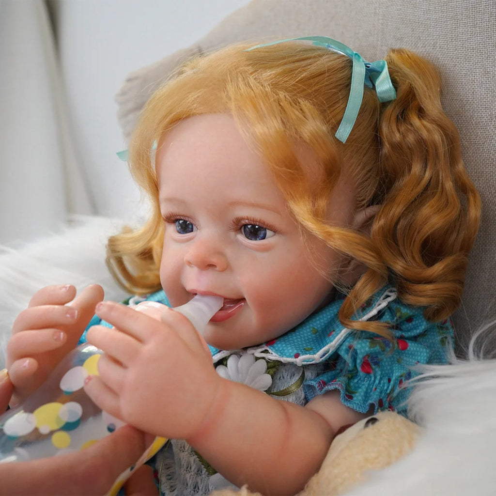 Boneca Bebê Reborn Silicone Realista Loira 55cm Sorriso Original Kit Acessórios Conjunto de Roupa Mamadeira Chupeta Pelúcia Fralda