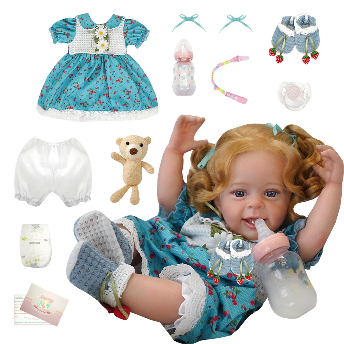 Boneca Bebê Reborn Silicone Realista Loira 55cm Sorriso Original Kit Acessórios Conjunto de Roupa Mamadeira Chupeta Pelúcia Fralda