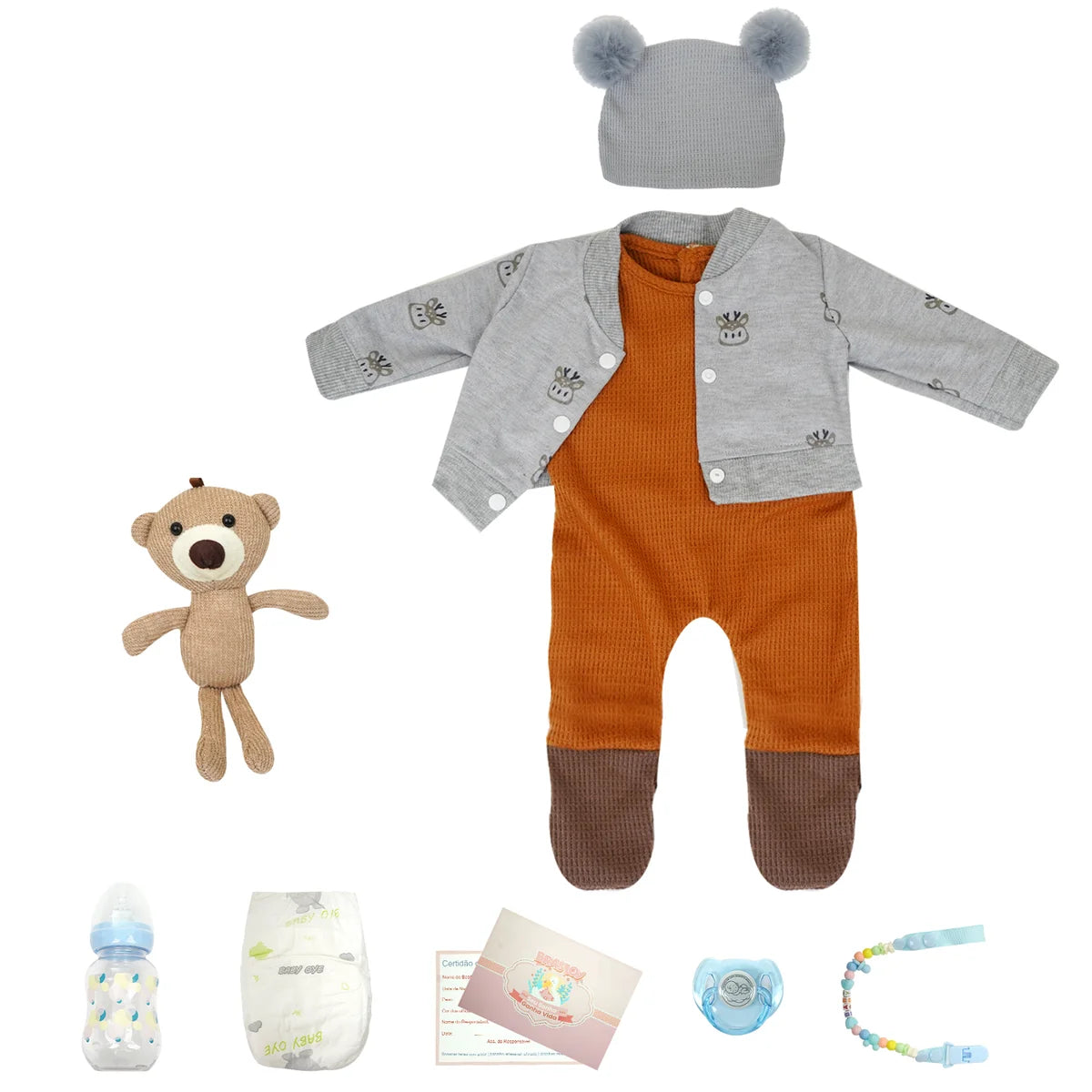 Boneco Bebê Reborn Realista Brastoy Original 48cm Silicone Kit Acessórios Conjunto de Roupa Chupeta Mamadeira e Pelúcia