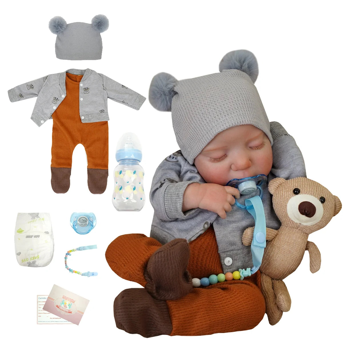Boneco Bebê Reborn Realista Brastoy Original 48cm Silicone Kit Acessórios Conjunto de Roupa Chupeta Mamadeira e Pelúcia