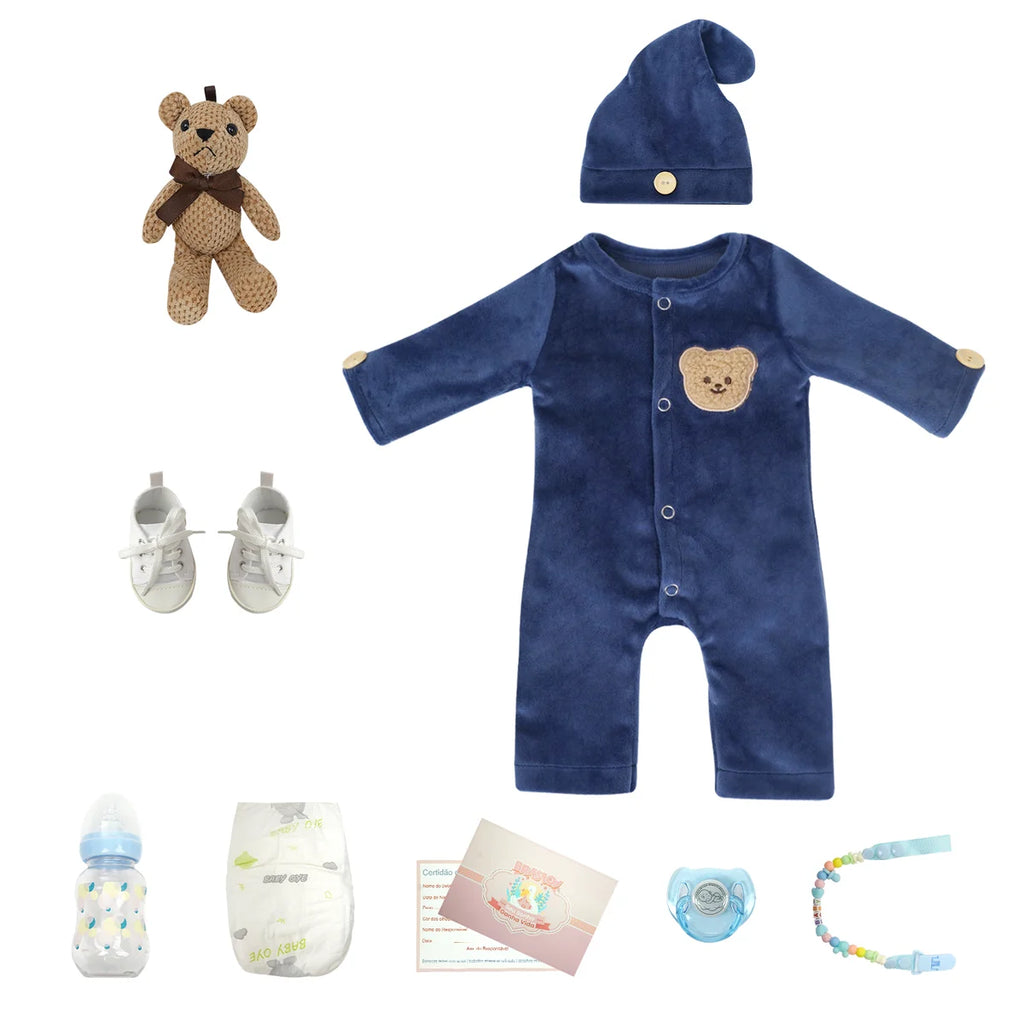 Boneco Bebê Reborn Silicone Realista 48cm Original Kit Acessórios Conjunto Roupa Mamadeira Chupeta Pelúcia Fralda