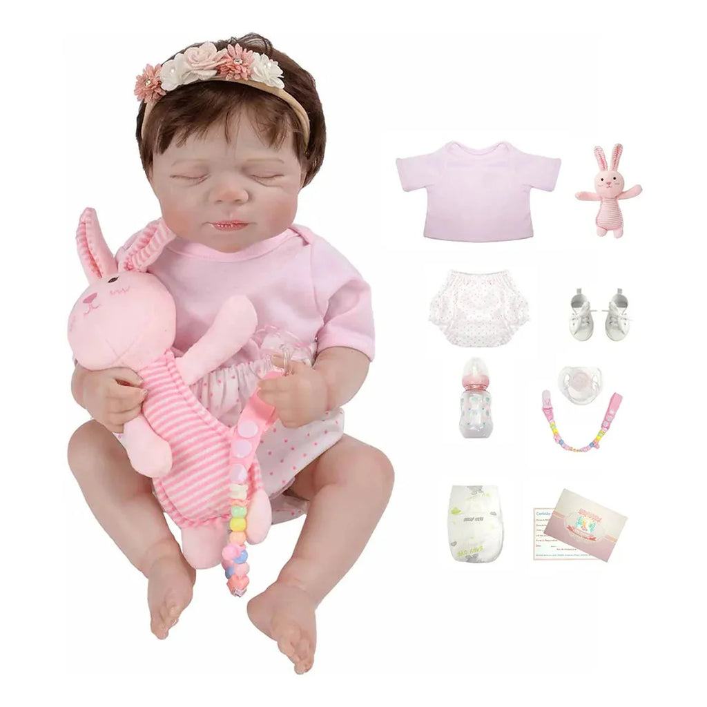 Boneca Bebê Reborn Silicone Realista 48cm Original Kit Acessórios Conjunto Roupa Mamadeira Chupeta Pelúcia Fralda