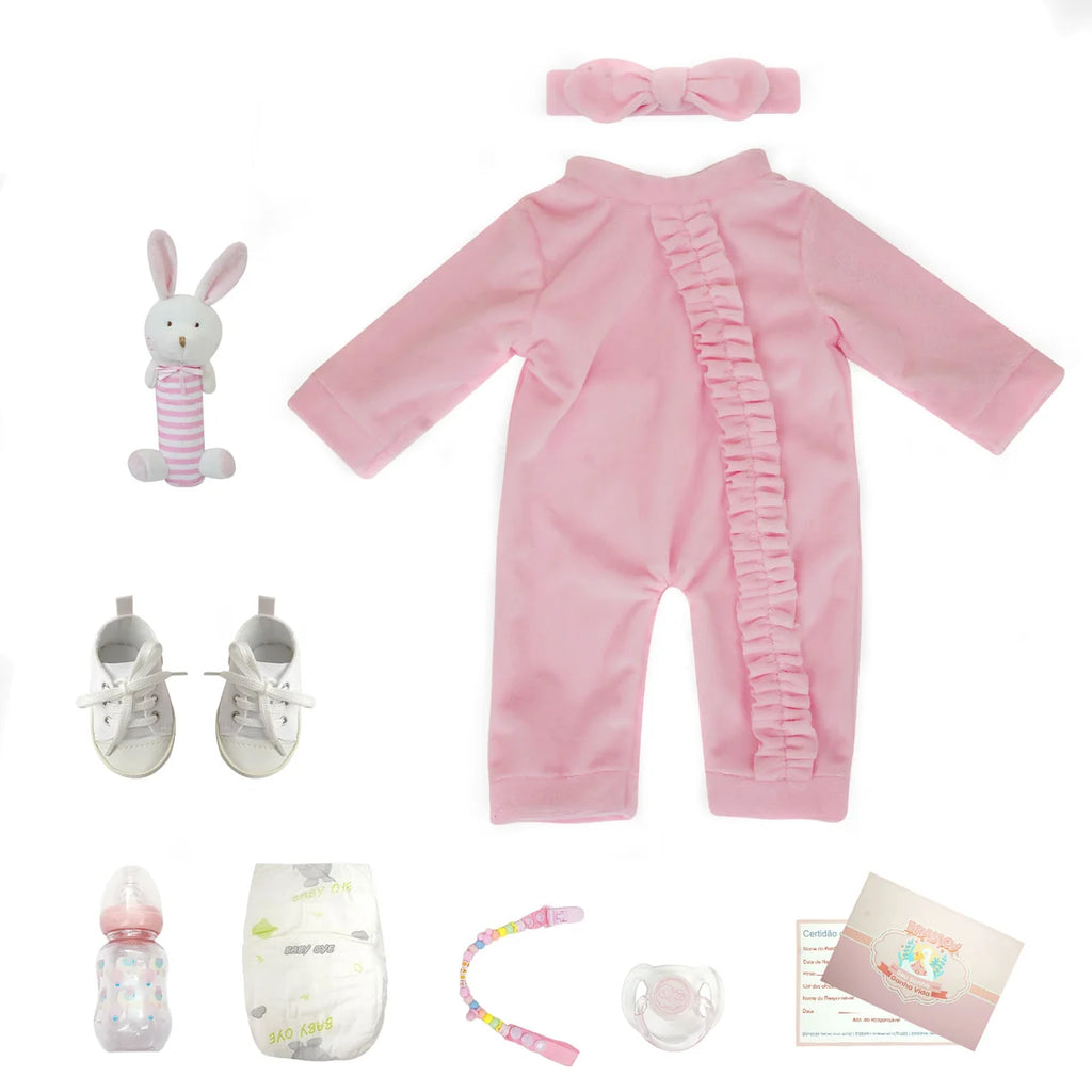 Boneca Bebê Reborn Silicone Realista 48cm Original Kit Acessórios Conjunto Roupa Mamadeira Chupeta Pelúcia Fralda