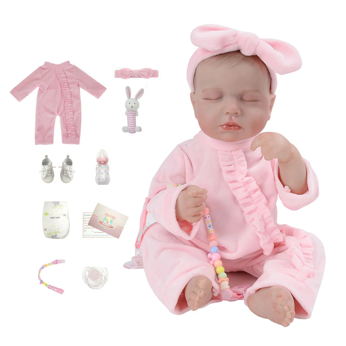 Boneca Bebê Reborn Silicone Realista 48cm Original Kit Acessórios Conjunto Roupa Mamadeira Chupeta Pelúcia Fralda