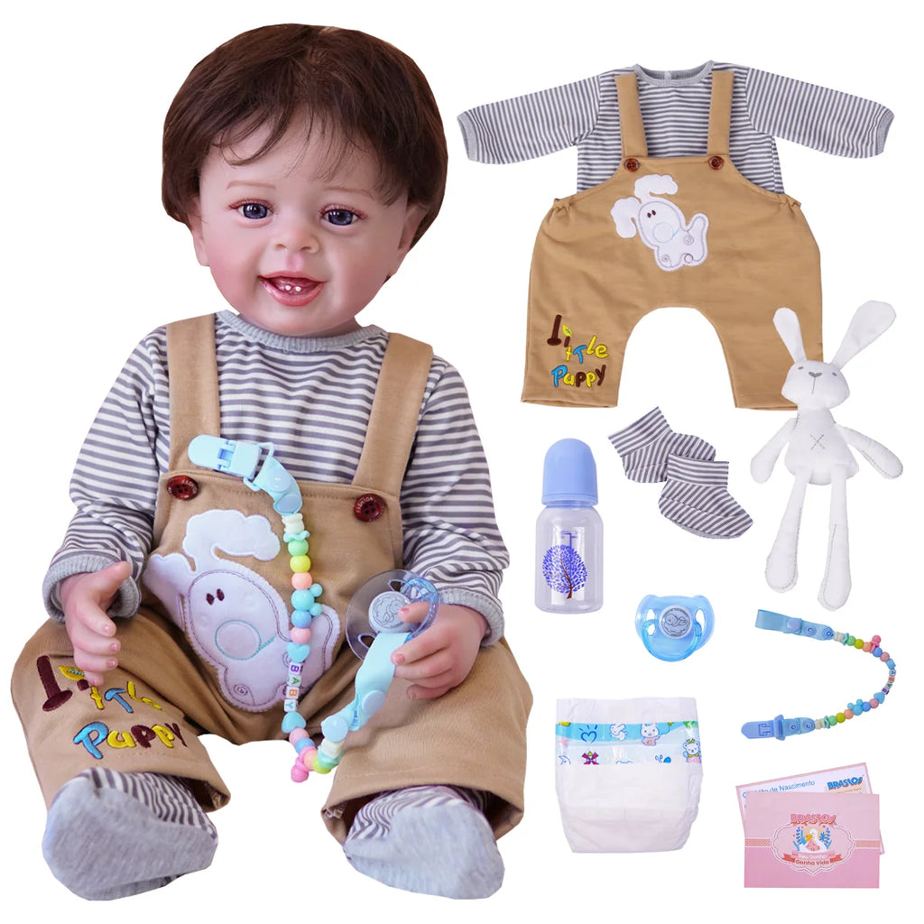 Boneco Bebê Reborn Silicone Realista 48cm Original Kit Acessórios Conjunto Roupa Mamadeira Chupeta Pelúcia Fralda