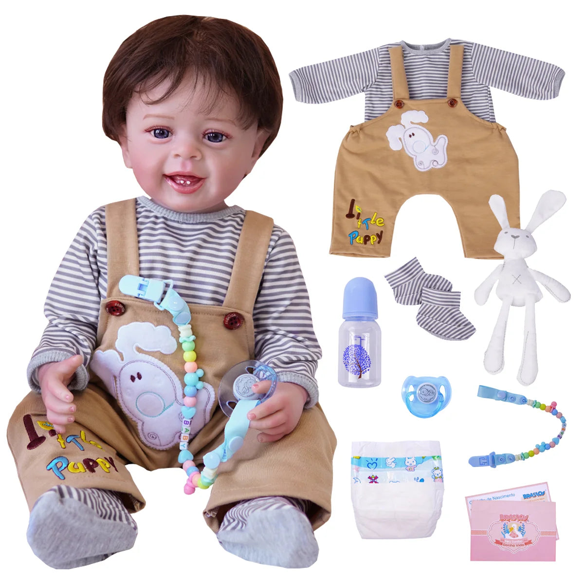 Boneco Bebê Reborn Silicone Realista 48cm Original Kit Acessórios Conjunto Roupa Mamadeira Chupeta Pelúcia Fralda