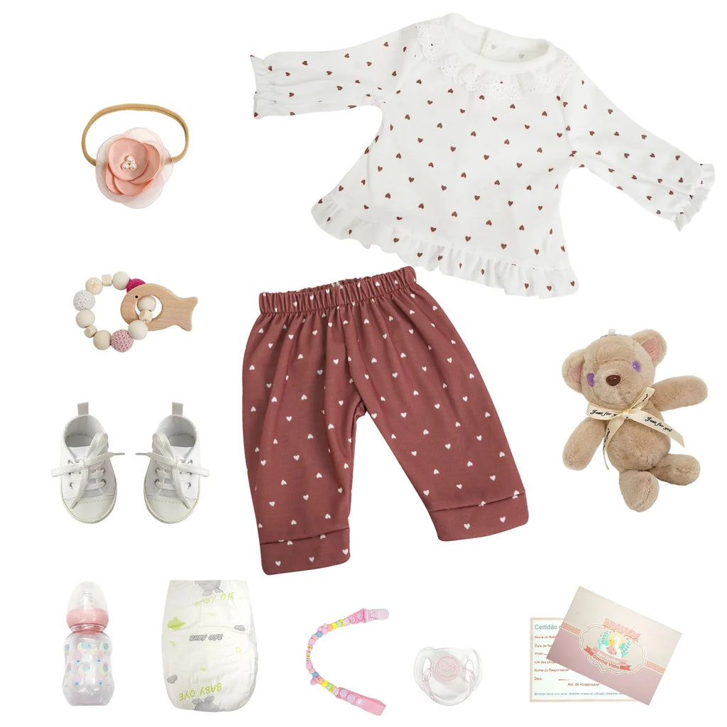Boneca Bebê Reborn Silicone Realista 48cm Original Kit Acessórios Conjunto Roupa Mamadeira Chupeta Pelúcia Fralda Certidão