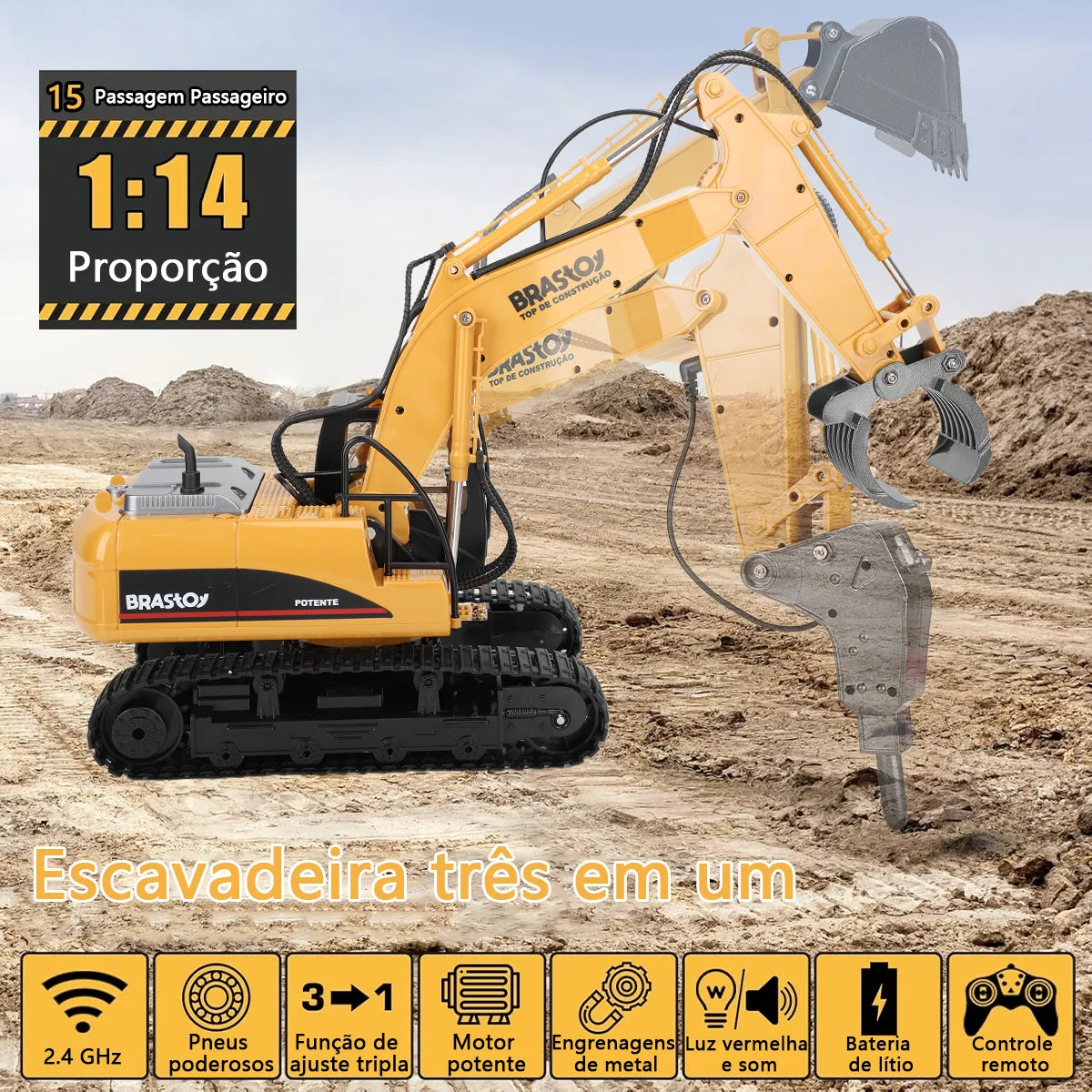 Brinquedo de Escavadeira de Obra com Controle Remoto 3 em 1 e 15 canais BRASTOY