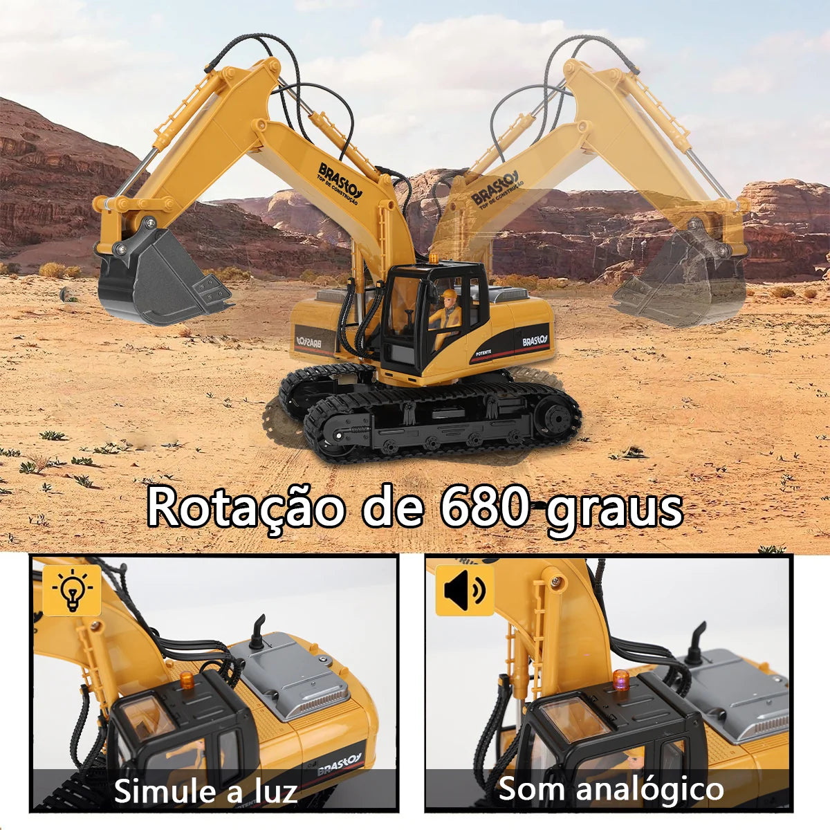 Brinquedo de Escavadeira de Obra com Controle Remoto 3 em 1 e 15 canais BRASTOY