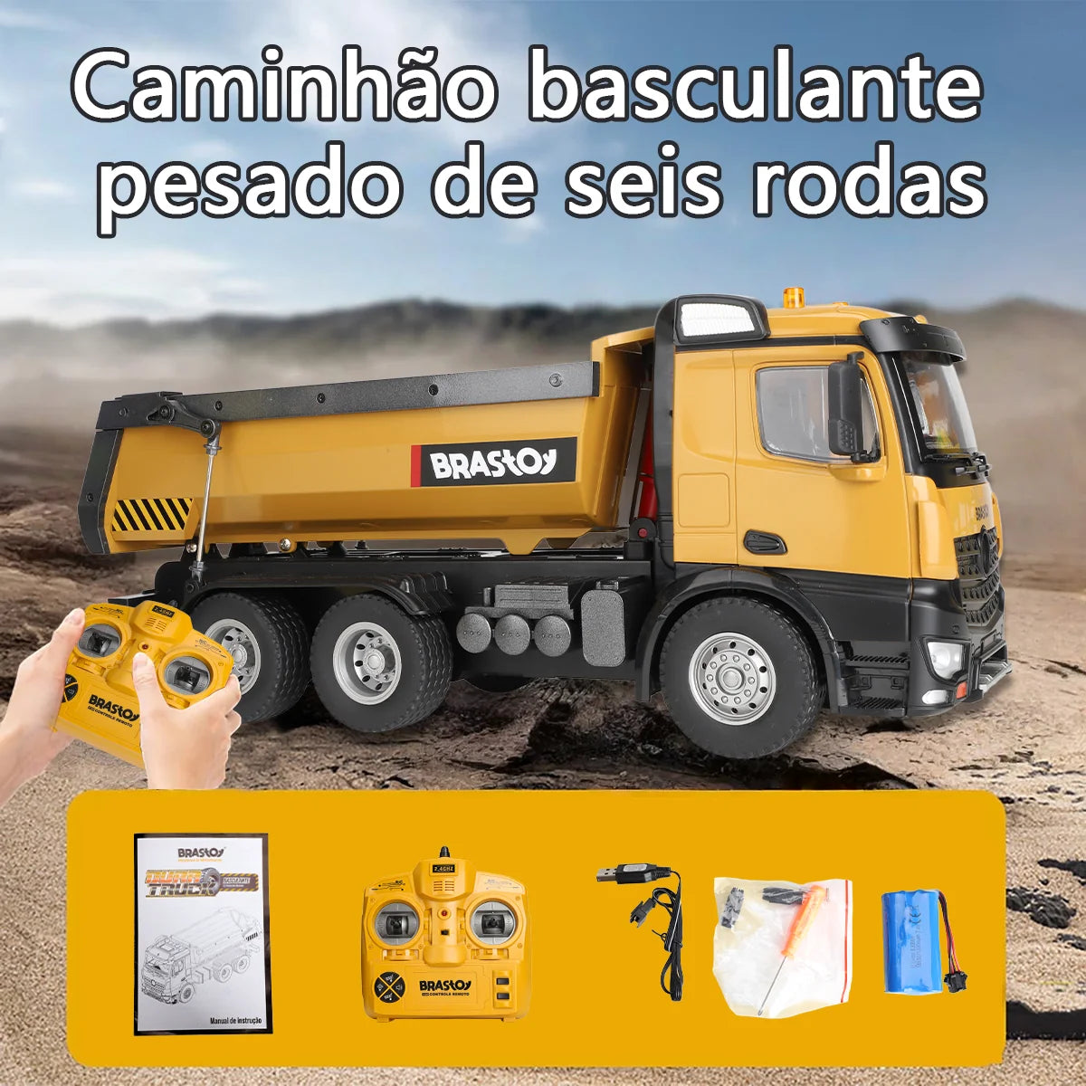 Caminhão Basculante de Controle Remoto Grande Brastoy 10 canais Com Luz Som e Movimento na Caçamba