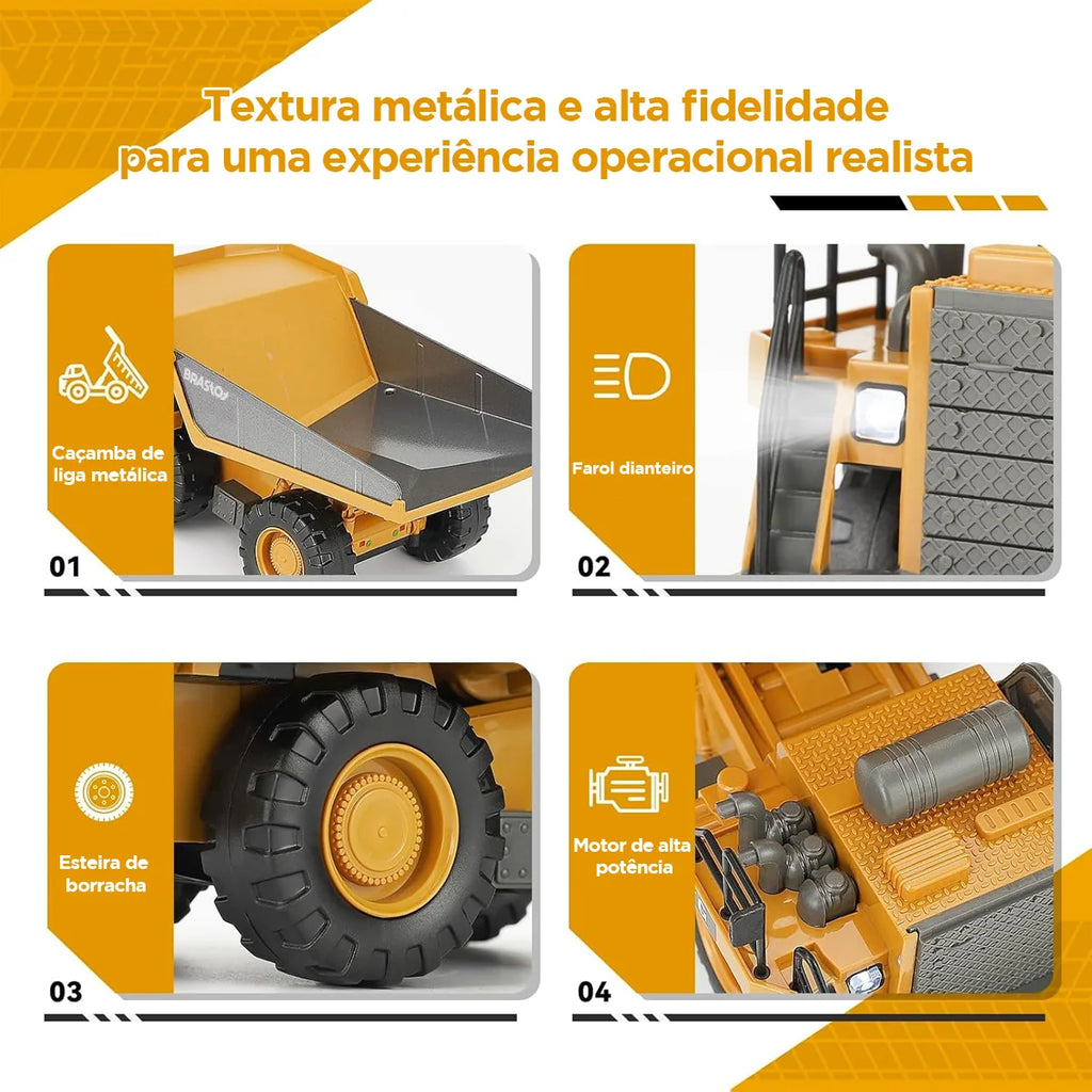 Brinquedo de Caminhão Basculante com Controle Remoto para Crianças 2 Pilhas Recarregáveis com Som e Luz BRASTOY