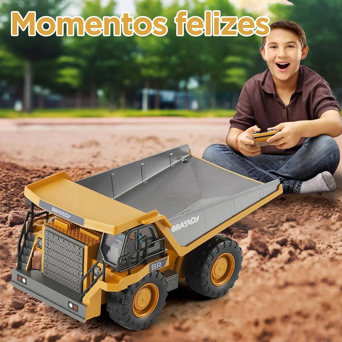 Brinquedo de Caminhão Basculante com Controle Remoto para Crianças 2 Pilhas Recarregáveis com Som e Luz BRASTOY
