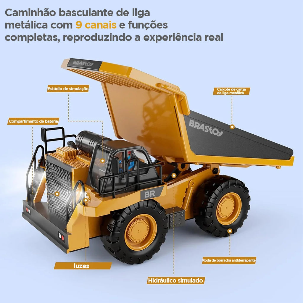 Brinquedo de Caminhão Basculante com Controle Remoto para Crianças 2 Pilhas Recarregáveis com Som e Luz BRASTOY