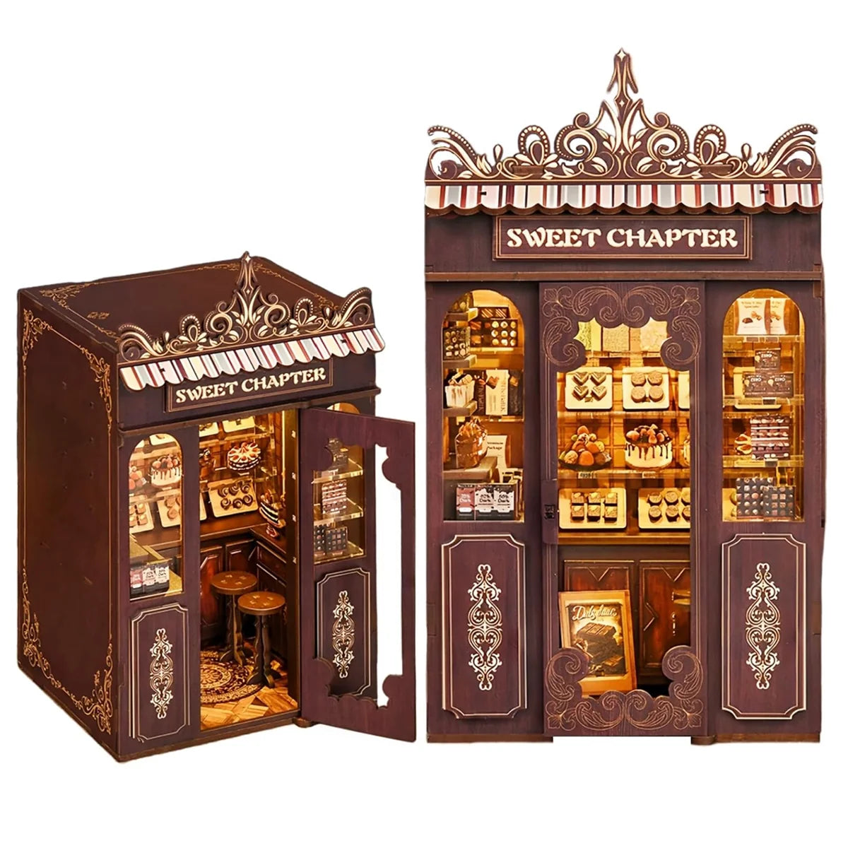 Bloco de Montar Loja de Doces Puzzle QuebraCabeça Miniatura de Madeira com Luzes LED Brastoy DIY