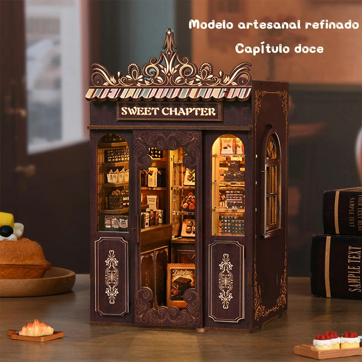 Bloco de Montar Loja de Doces Puzzle QuebraCabeça Miniatura de Madeira com Luzes LED Brastoy DIY