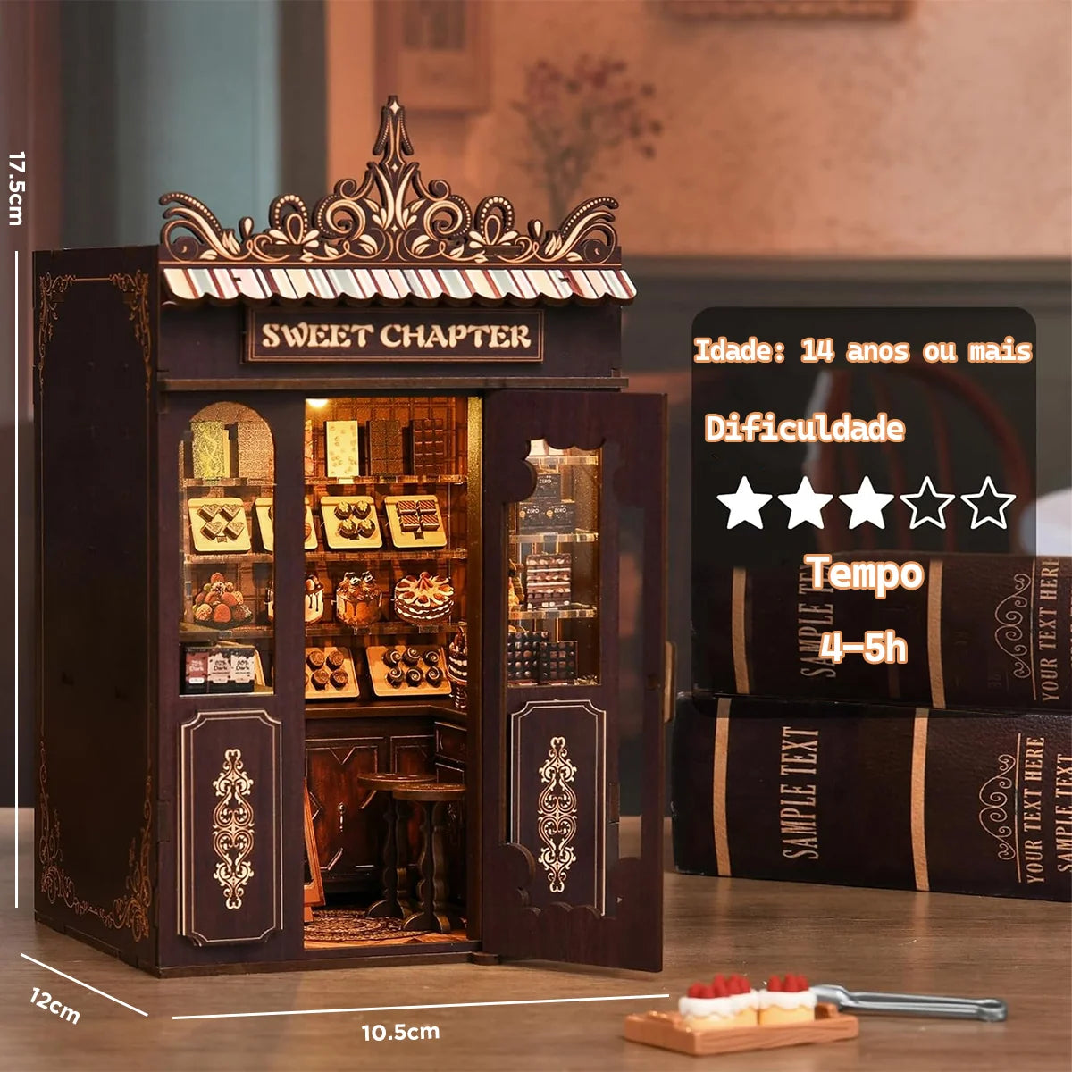 Bloco de Montar Loja de Doces Puzzle QuebraCabeça Miniatura de Madeira com Luzes LED Brastoy DIY