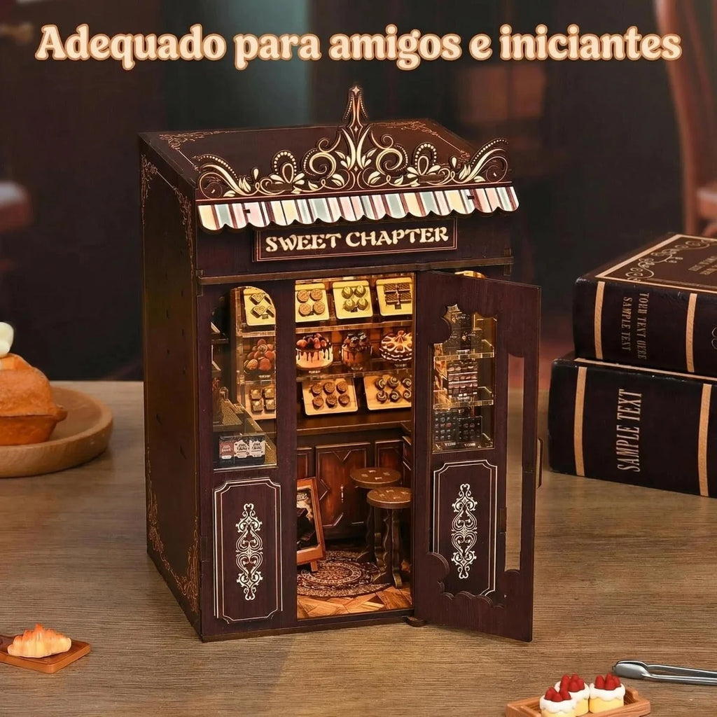 Bloco de Montar Loja de Doces Puzzle QuebraCabeça Miniatura de Madeira com Luzes LED Brastoy DIY