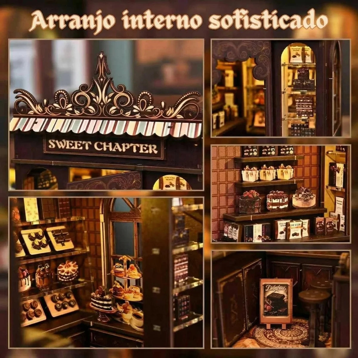 Bloco de Montar Loja de Doces Puzzle QuebraCabeça Miniatura de Madeira com Luzes LED Brastoy DIY
