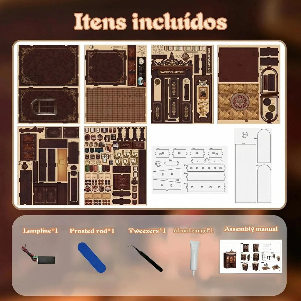 Bloco de Montar Loja de Doces Puzzle QuebraCabeça Miniatura de Madeira com Luzes LED Brastoy DIY