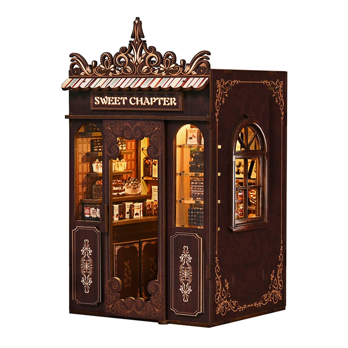 Bloco de Montar Loja de Doces Puzzle QuebraCabeça Miniatura de Madeira com Luzes LED Brastoy DIY