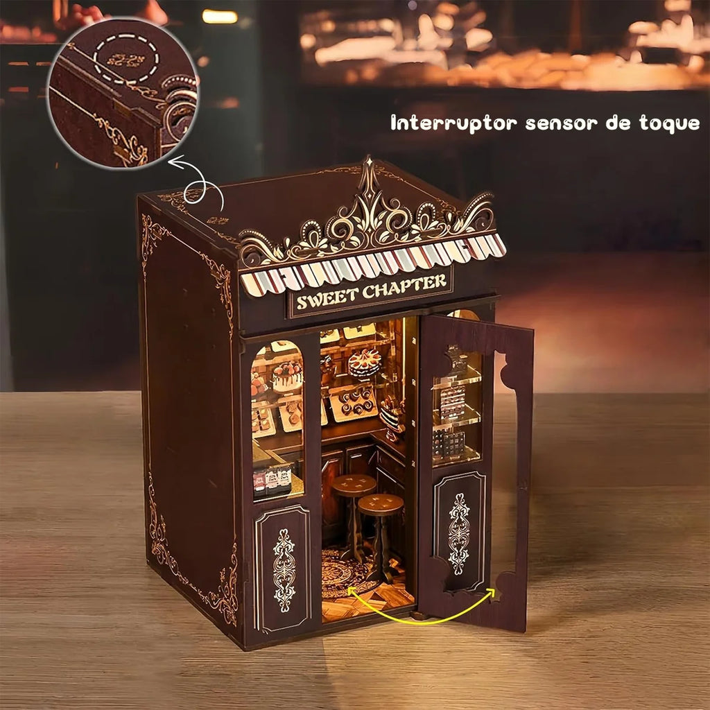Bloco de Montar Loja de Doces Puzzle QuebraCabeça Miniatura de Madeira com Luzes LED Brastoy DIY