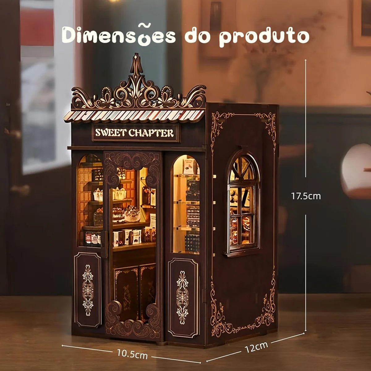 Bloco de Montar Loja de Doces Puzzle QuebraCabeça Miniatura de Madeira com Luzes LED Brastoy DIY