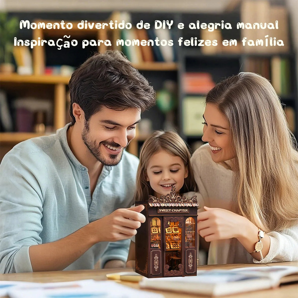 Bloco de Montar Loja de Doces Puzzle QuebraCabeça Miniatura de Madeira com Luzes LED Brastoy DIY