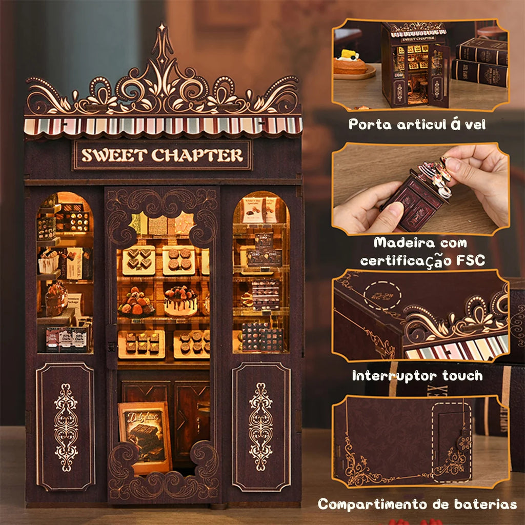 Bloco de Montar Loja de Doces Puzzle QuebraCabeça Miniatura de Madeira com Luzes LED Brastoy DIY