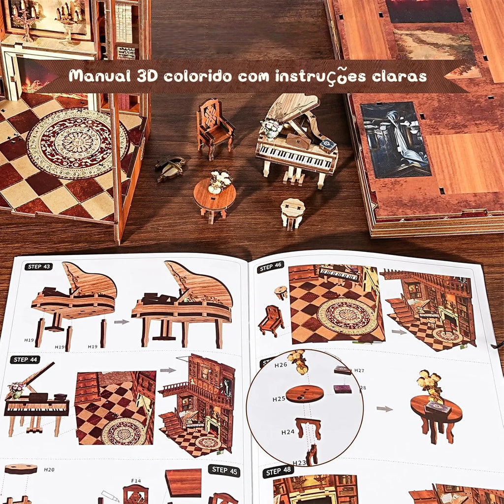 Bloco de Montar Cantinho De Livros Casa Puzzle QuebraCabeça Miniatura de Madeira com Luzes LED Brastoy DIY