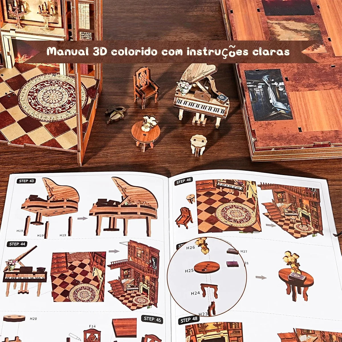 Bloco de Montar Cantinho De Livros Casa Puzzle QuebraCabeça Miniatura de Madeira com Luzes LED Brastoy DIY