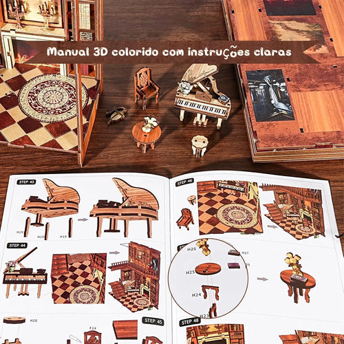 Bloco de Montar Cantinho De Livros Casa Puzzle QuebraCabeça Miniatura de Madeira com Luzes LED Brastoy DIY