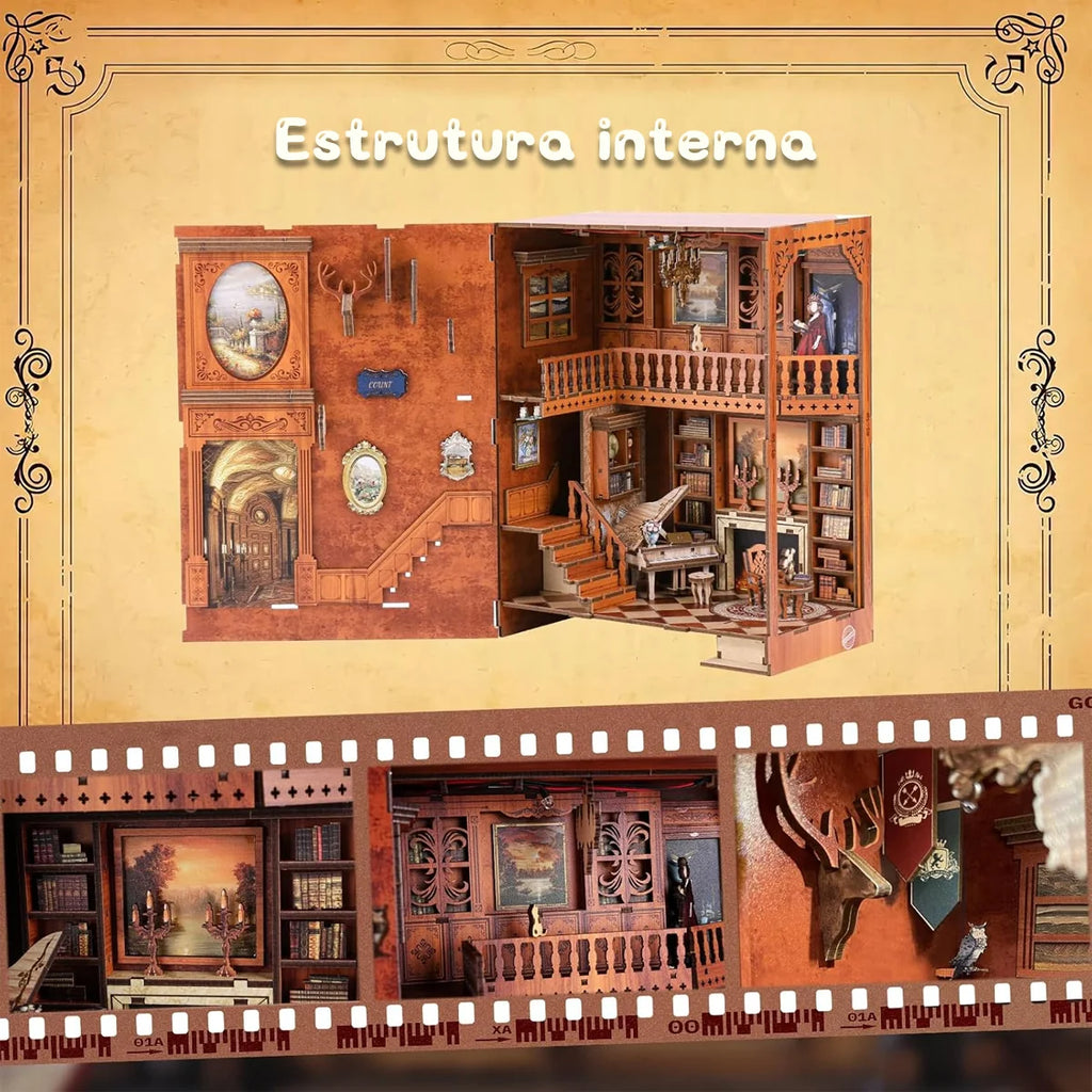 Bloco de Montar Cantinho De Livros Casa Puzzle QuebraCabeça Miniatura de Madeira com Luzes LED Brastoy DIY