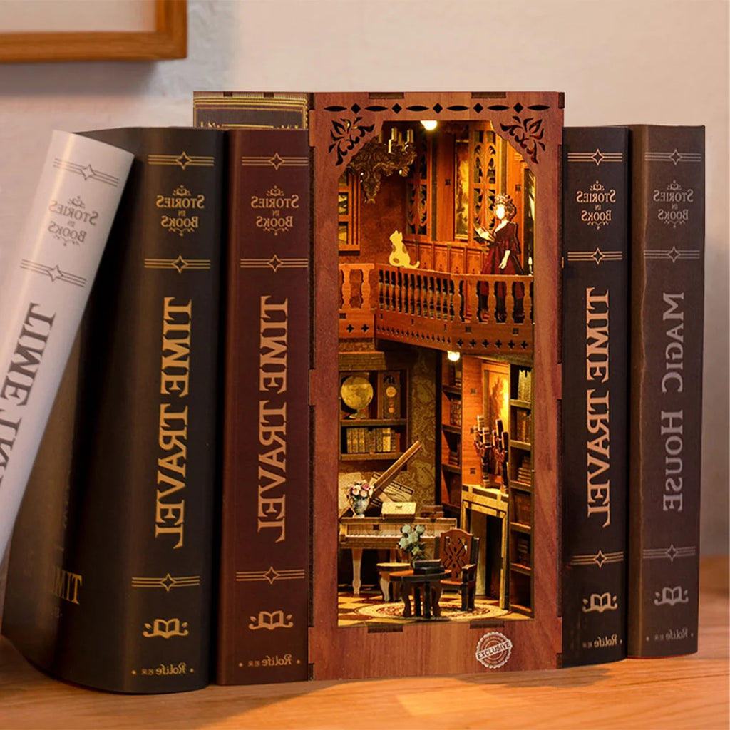 Bloco de Montar Cantinho De Livros Casa Puzzle QuebraCabeça Miniatura de Madeira com Luzes LED Brastoy DIY