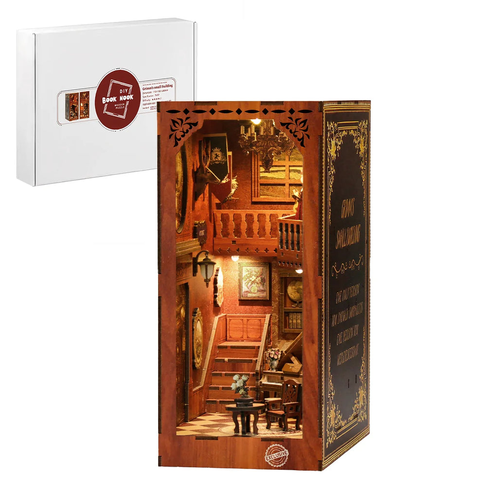 Bloco de Montar Cantinho De Livros Casa Puzzle QuebraCabeça Miniatura de Madeira com Luzes LED Brastoy DIY