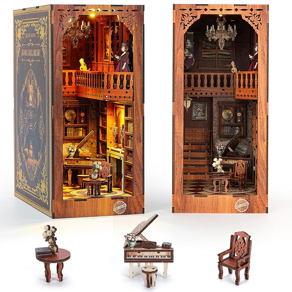 Bloco de Montar Cantinho De Livros Casa Puzzle QuebraCabeça Miniatura de Madeira com Luzes LED Brastoy DIY