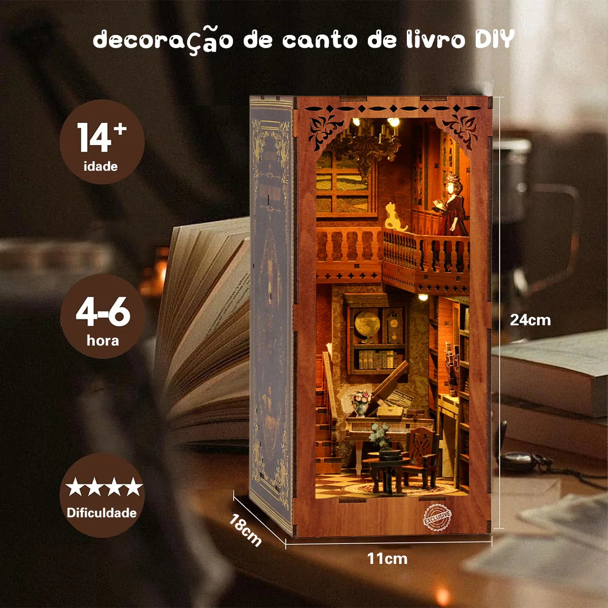 Bloco de Montar Cantinho De Livros Casa Puzzle QuebraCabeça Miniatura de Madeira com Luzes LED Brastoy DIY
