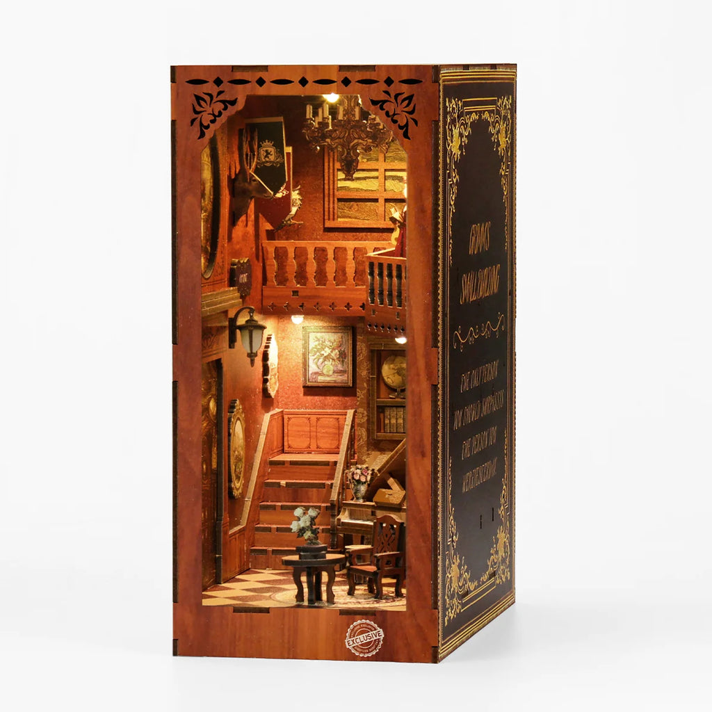 Bloco de Montar Cantinho De Livros Casa Puzzle QuebraCabeça Miniatura de Madeira com Luzes LED Brastoy DIY