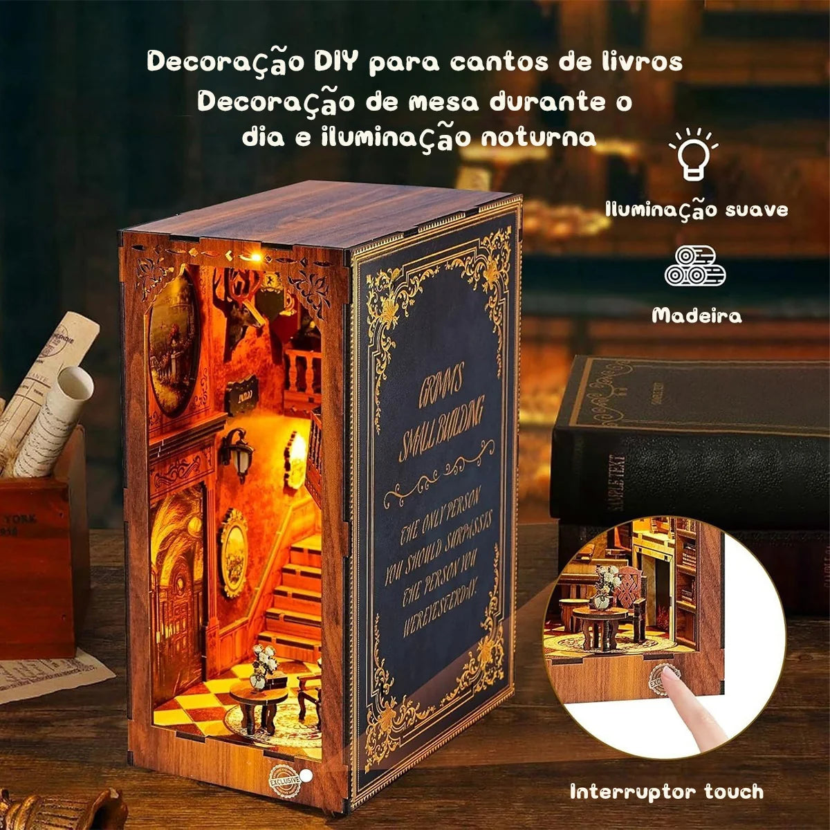 Bloco de Montar Cantinho De Livros Casa Puzzle QuebraCabeça Miniatura de Madeira com Luzes LED Brastoy DIY