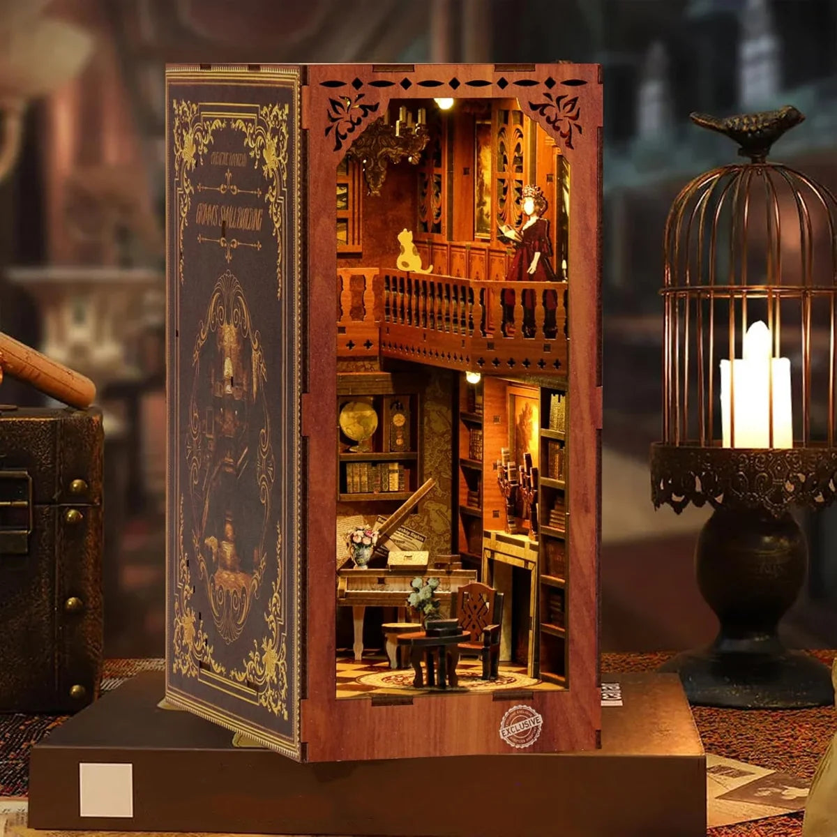 Bloco de Montar Cantinho De Livros Casa Puzzle QuebraCabeça Miniatura de Madeira com Luzes LED Brastoy DIY