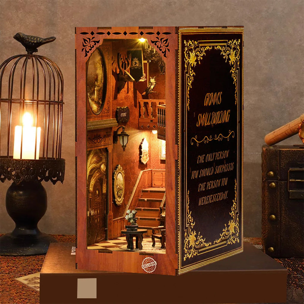 Bloco de Montar Cantinho De Livros Casa Puzzle QuebraCabeça Miniatura de Madeira com Luzes LED Brastoy DIY