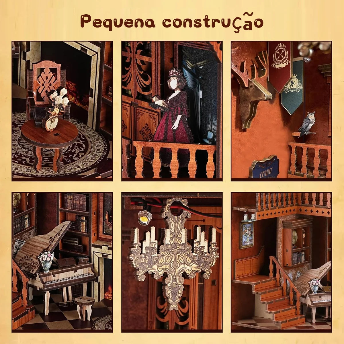 Bloco de Montar Cantinho De Livros Casa Puzzle QuebraCabeça Miniatura de Madeira com Luzes LED Brastoy DIY