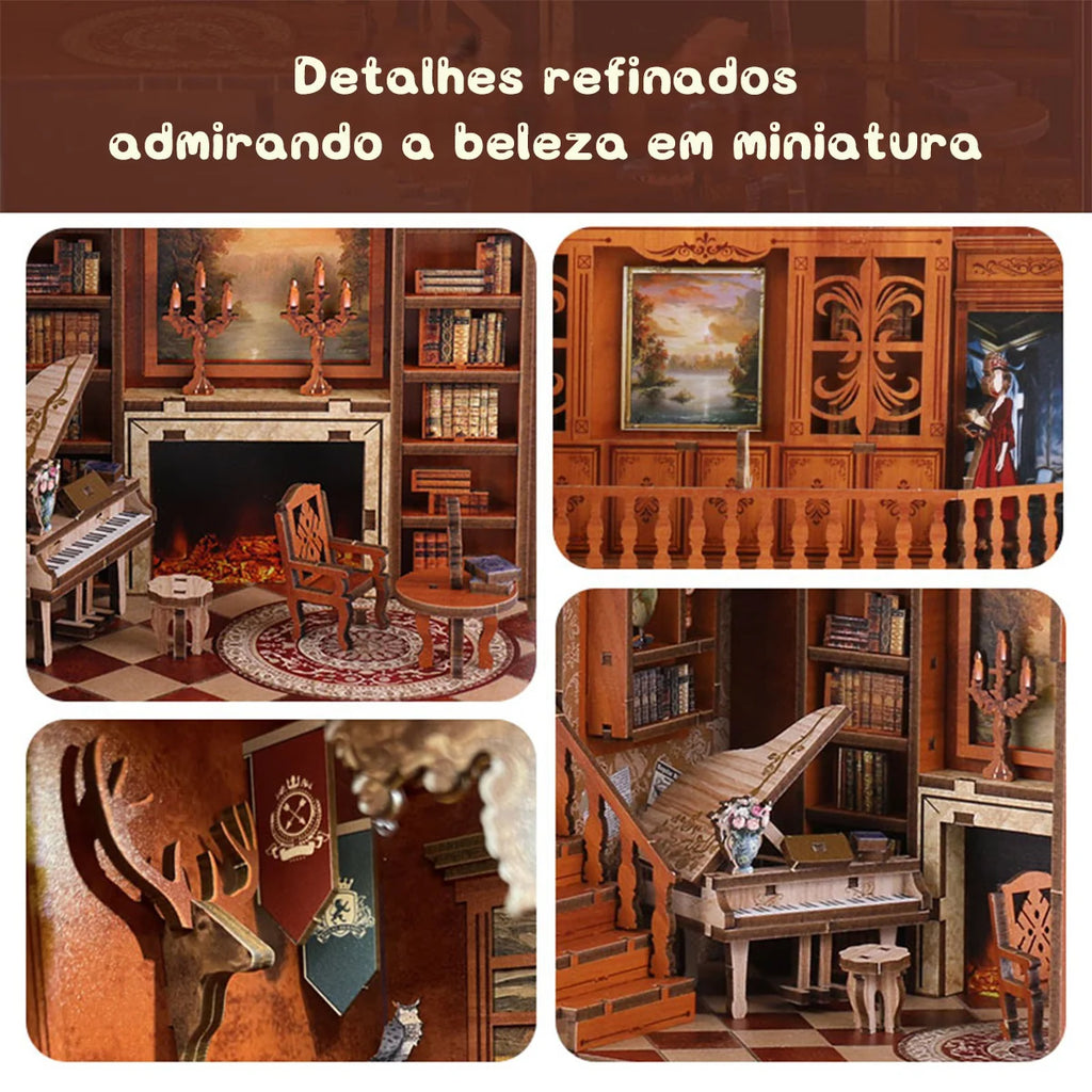 Bloco de Montar Cantinho De Livros Casa Puzzle QuebraCabeça Miniatura de Madeira com Luzes LED Brastoy DIY