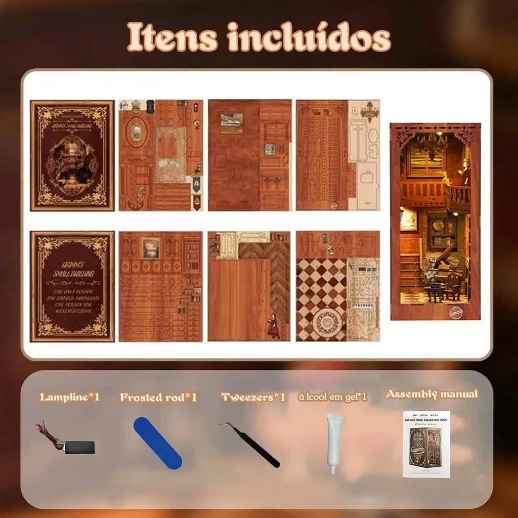 Bloco de Montar Cantinho De Livros Casa Puzzle QuebraCabeça Miniatura de Madeira com Luzes LED Brastoy DIY