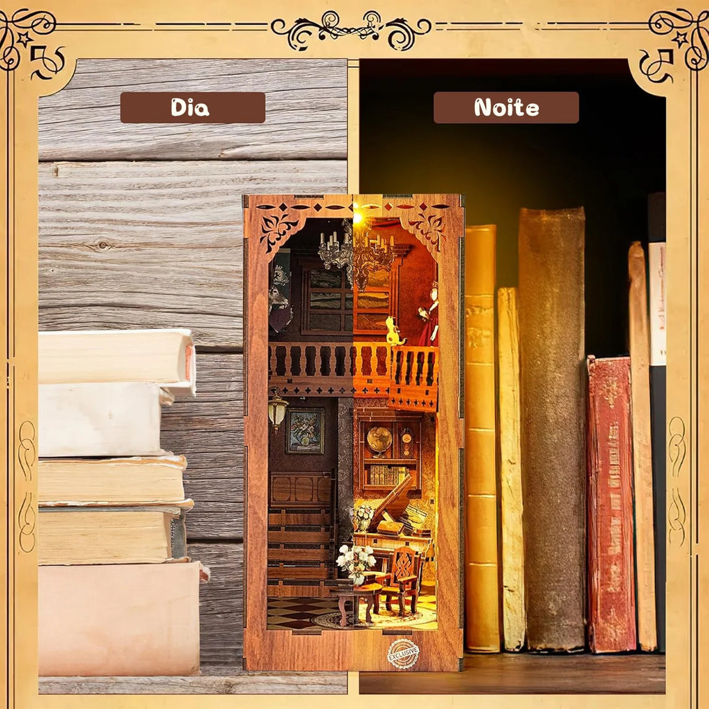 Bloco de Montar Cantinho De Livros Casa Puzzle QuebraCabeça Miniatura de Madeira com Luzes LED Brastoy DIY