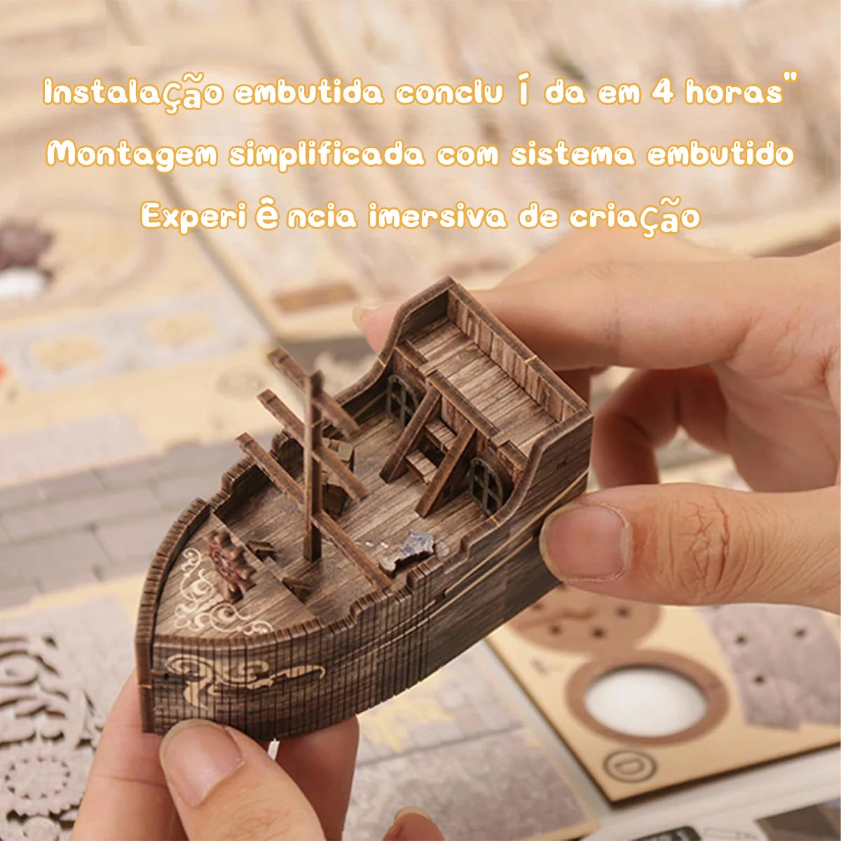 Bloco de Montar Cantinho De Leitura Tema Oceano Misterioso Puzzle QuebraCabeça Miniatura de Madeira com Luzes LED Brastoy DIY