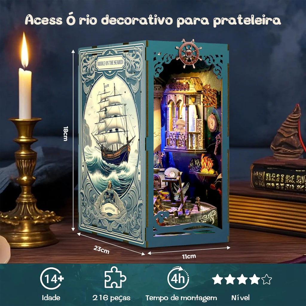 Bloco de Montar Cantinho De Leitura Tema Oceano Misterioso Puzzle QuebraCabeça Miniatura de Madeira com Luzes LED Brastoy DIY