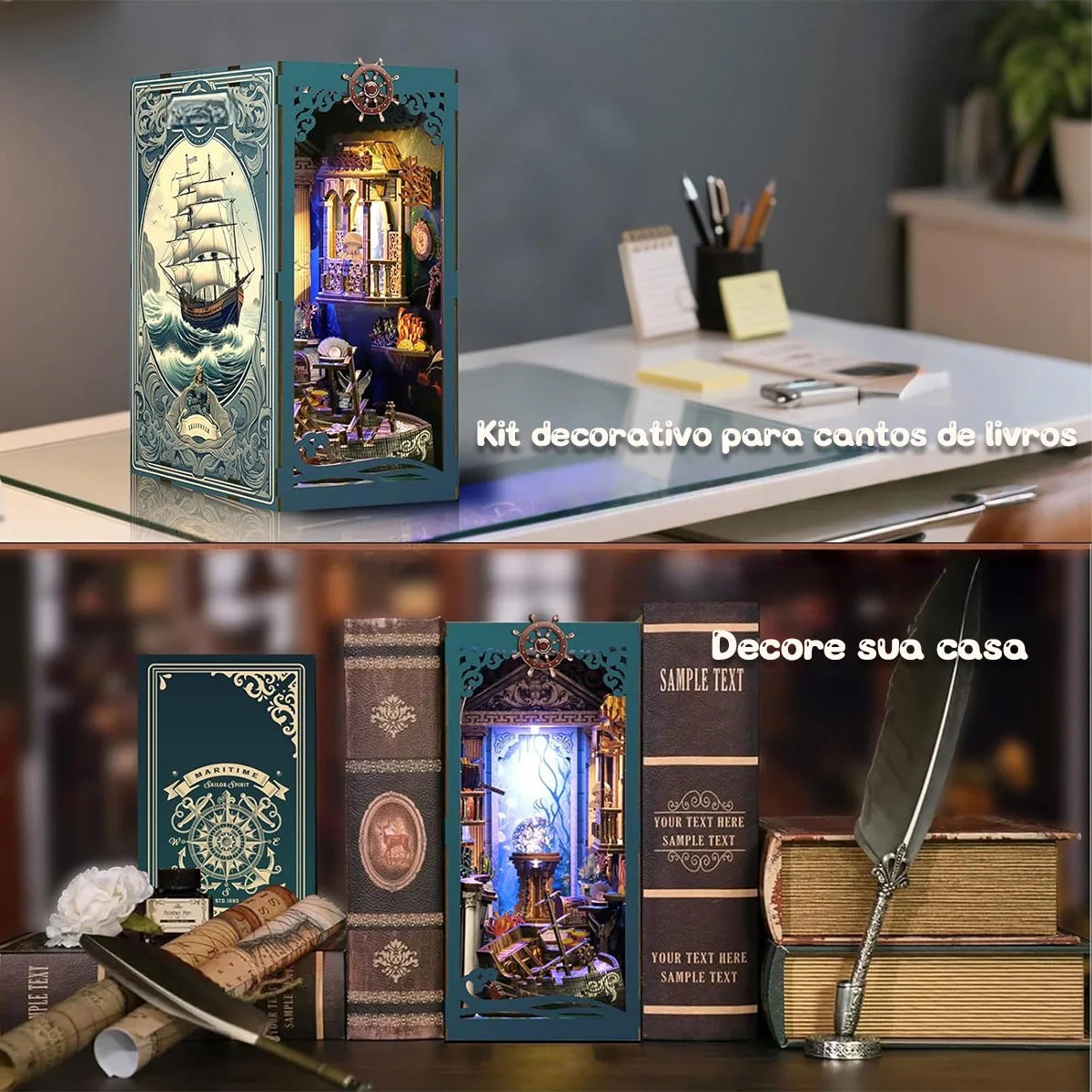 Bloco de Montar Cantinho De Leitura Tema Oceano Misterioso Puzzle QuebraCabeça Miniatura de Madeira com Luzes LED Brastoy DIY