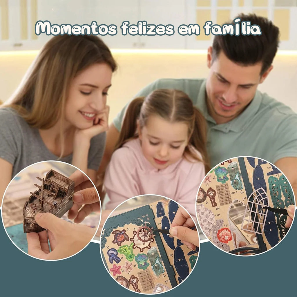 Bloco de Montar Cantinho De Leitura Tema Oceano Misterioso Puzzle QuebraCabeça Miniatura de Madeira com Luzes LED Brastoy DIY